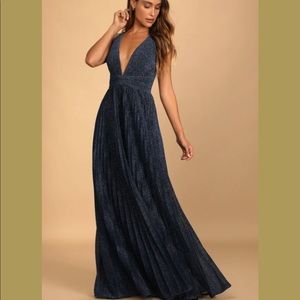 Lulus blue sparkly pleated maxi dress size small